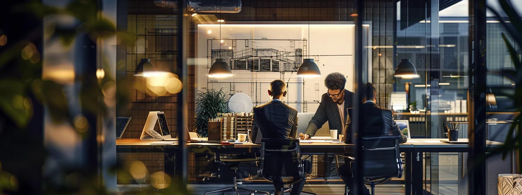 a detailed office environment showcases diligent dock builders engaged in a strategic discussion about state dock laws versus federal regulations, illuminated by sharp overhead lighting that highlights blueprints and legal documents spread across a sleek conference table.