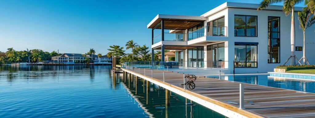 a detailed view of a meticulously designed residential dock nestled beside a sleek waterfront home in florida, showcasing the craftsmanship and stability of the construction, with clear blue water reflecting the vibrant colors of the building.
