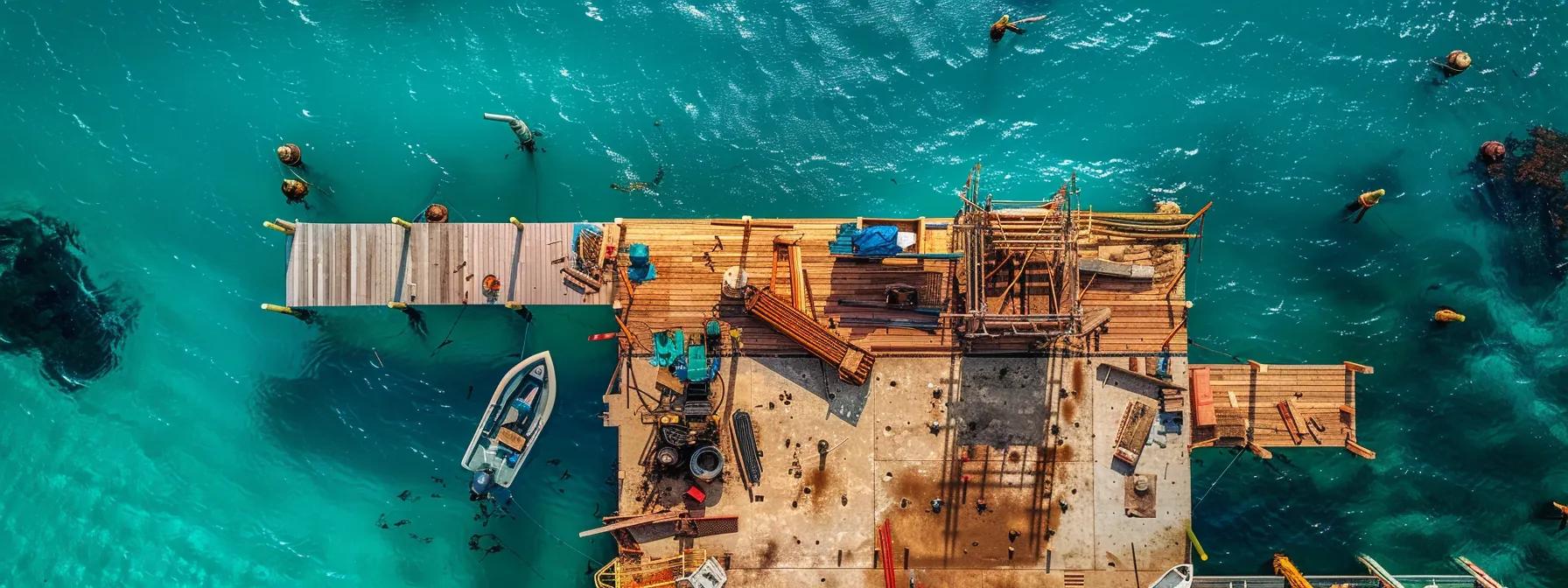 a detailed view of a thriving residential dock under construction in florida, featuring skilled builders collaborating amidst an array of tools and materials, showcasing best practices in dock design with vibrant blue waters in the background.