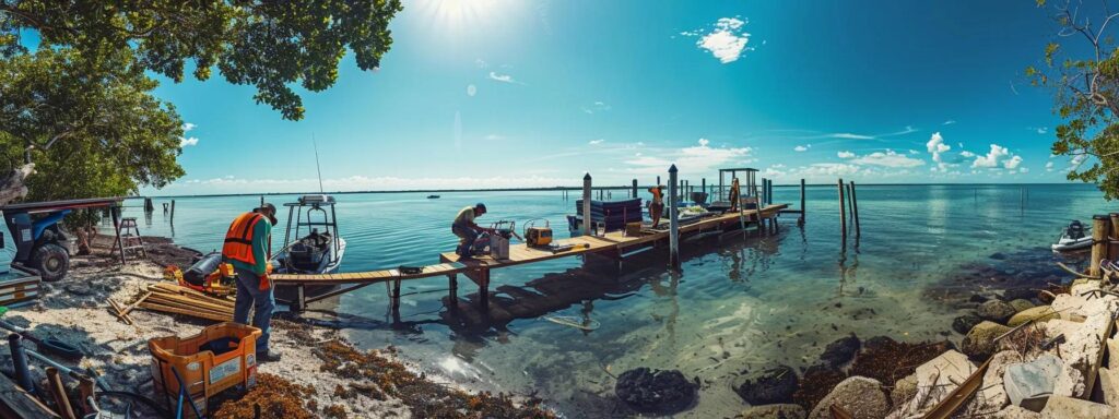 a dynamic and vibrant scene of skilled workers meticulously repairing a residential dock in a sunny florida waterfront, showcasing various tools and equipment in an industrious atmosphere, with clear blue water in the background reflecting the bright sky.