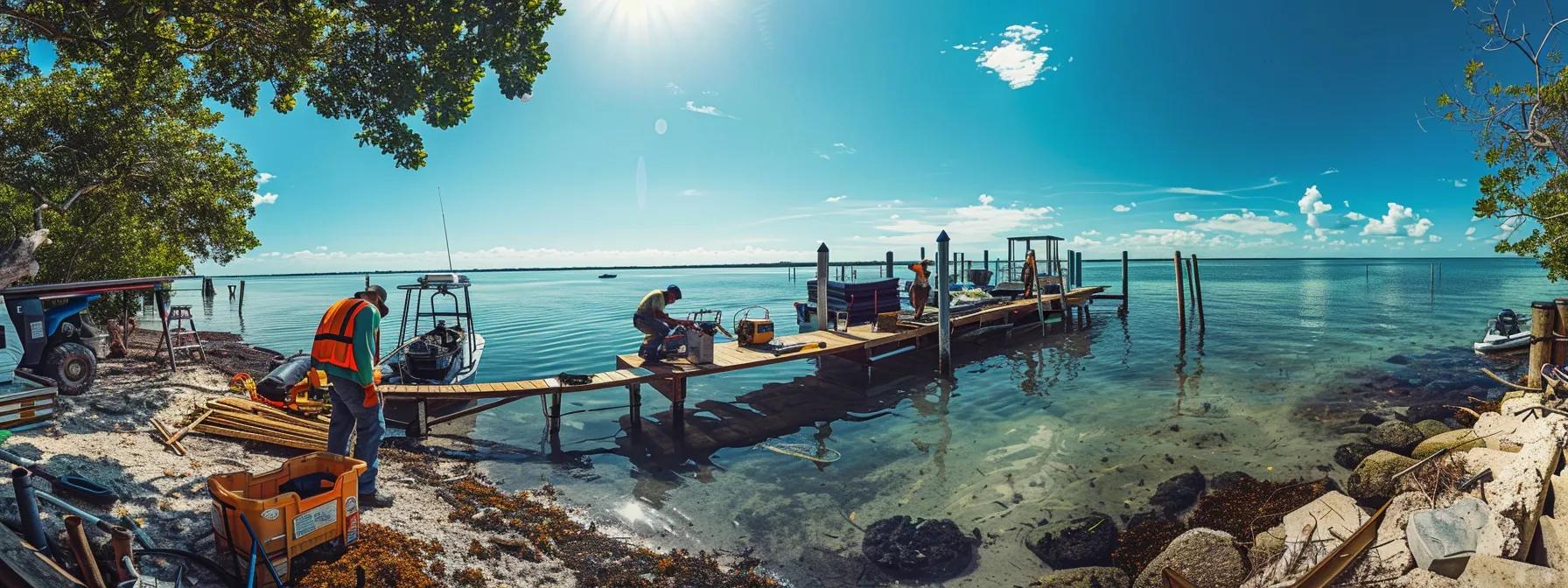 a dynamic and vibrant scene of skilled workers meticulously repairing a residential dock in a sunny florida waterfront, showcasing various tools and equipment in an industrious atmosphere, with clear blue water in the background reflecting the bright sky.