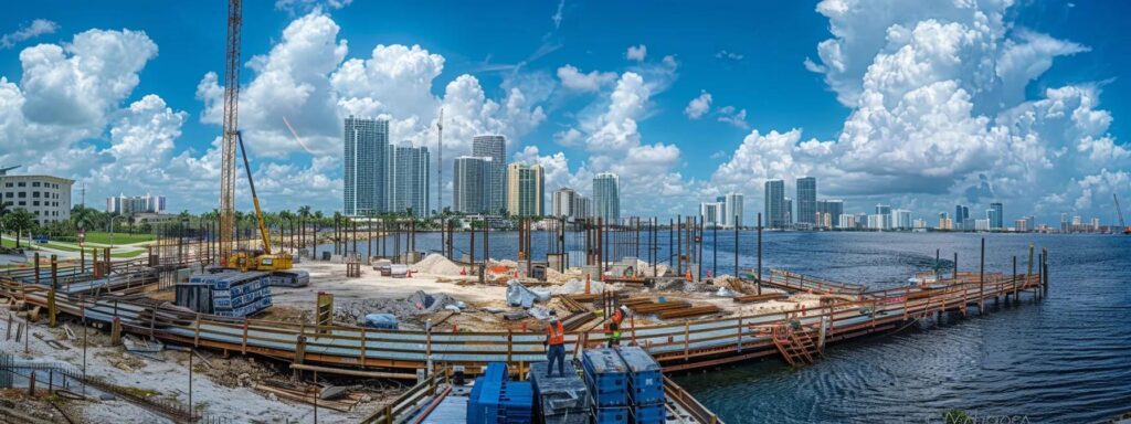 a dynamic coastal construction site showcases skilled dock builders analyzing weather data on portable digital devices, surrounded by partially assembled durable dock structures against a vibrant florida skyline.