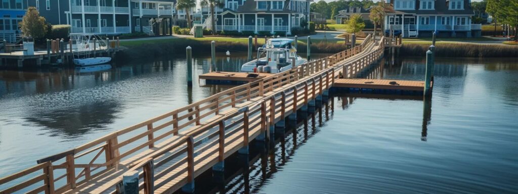 a dynamic construction scene captures dedicated dock builders in florida meticulously assembling a durable wooden dock against a backdrop of modern waterfront homes, highlighting the craftsmanship and cost-effectiveness of high-quality materials in marine environments.