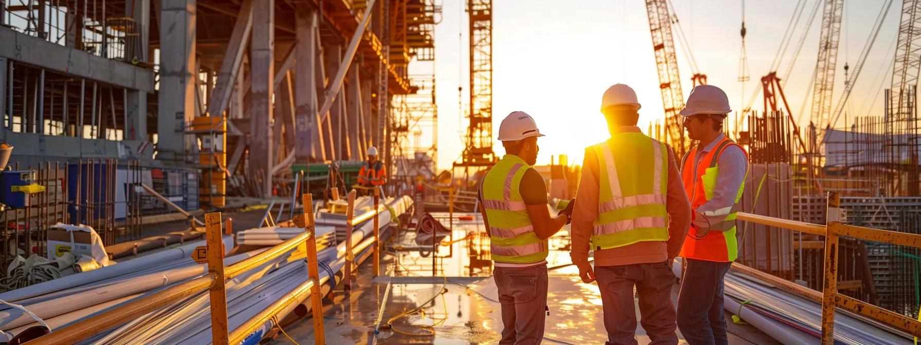 a dynamic construction site featuring diligent dock builders in hard hats and safety vests, collaborating around blueprints and materials under the bright florida sun, embodies the essential strategies for keeping dock construction projects on budget and on time.