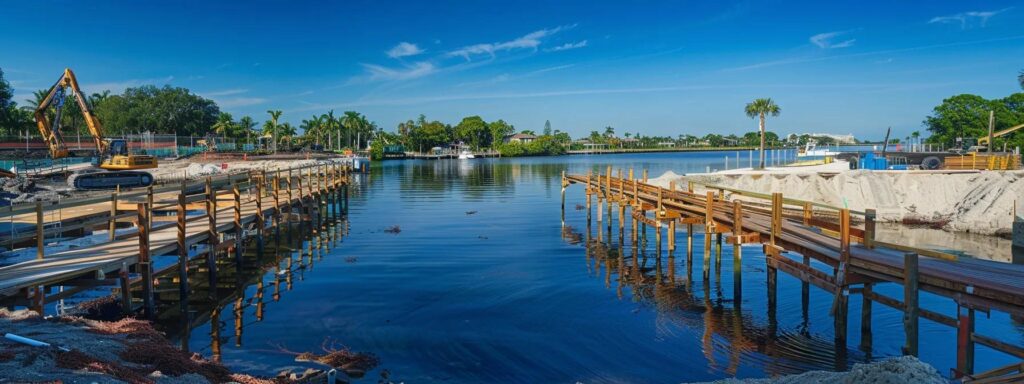 a dynamic construction site in florida features dedicated dock builders efficiently collaborating with sustainable materials and innovative equipment, all set against the backdrop of a clear blue sky, emphasizing cost-saving strategies for high-quality outcomes.