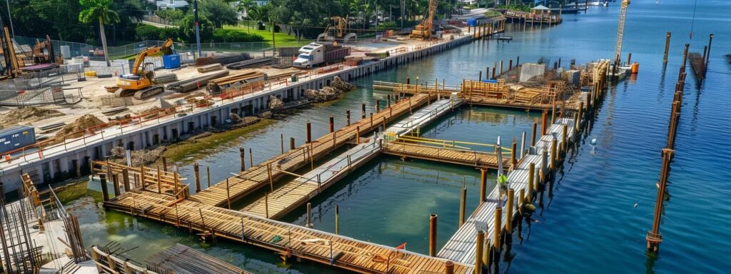a dynamic construction site in florida showcases skilled dock builders using innovative low-impact techniques, focused on precise pile installation amidst a bustling urban waterfront backdrop.