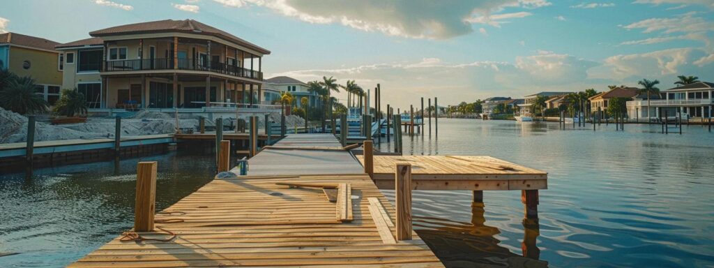 a dynamic image captures a team of residential dock builders in action at a bustling florida waterfront, showcasing advanced construction techniques and equipment amidst various tidal conditions and marine influences.