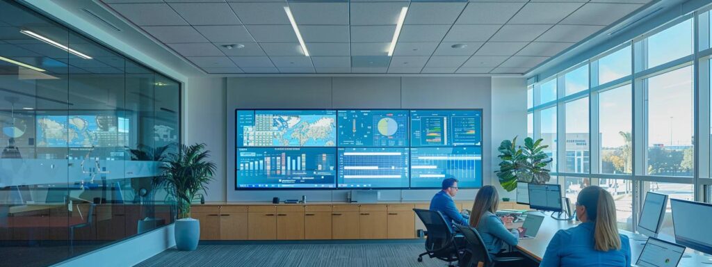 a dynamic office environment showcases a team of focused construction managers and dock builders gathered around a large, detailed project timeline displayed on a digital screen, emphasizing the meticulous planning and coordination essential for successful dock construction in florida.
