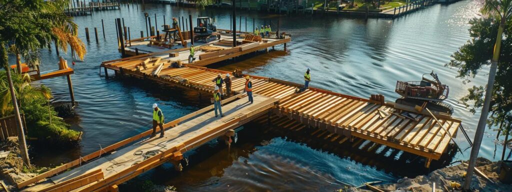 a dynamic scene captures a team of dedicated dock builders in florida diligently constructing a residential dock, surrounded by various sustainable materials and equipment, showcasing a focus on safety and environmental impact in a bustling urban waterfront setting.