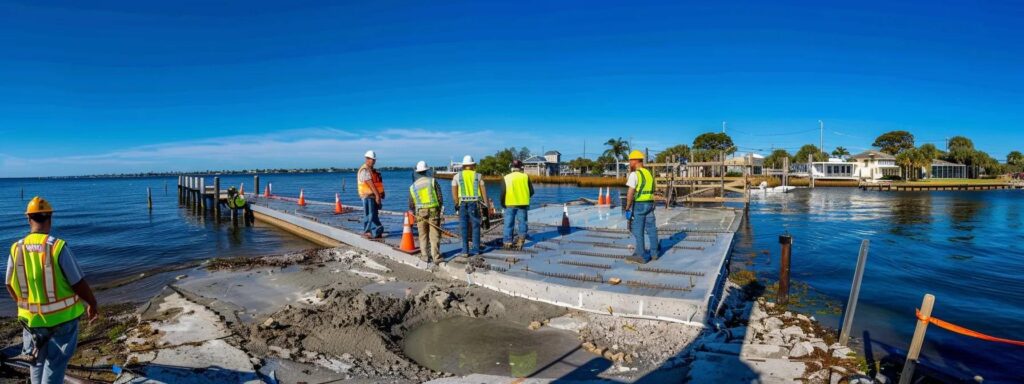 a dynamic scene capturing industrious dock builders in hard hats and safety gear meticulously constructing a sturdy residential dock, set against a clear blue sky and waterfront backdrop, emphasizing the essential safety standards in a vibrant florida coastal environment.