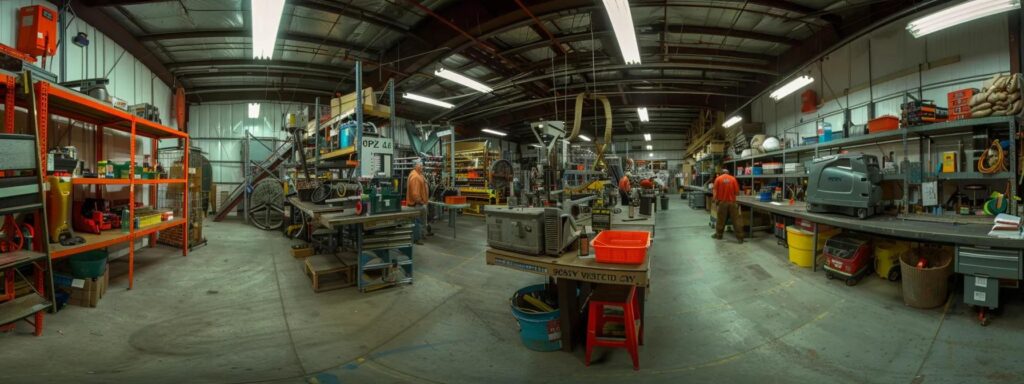 a dynamic scene inside a busy dock workshop in florida, showcasing a diverse array of safety equipment and maintenance tools meticulously organized on sturdy workbenches, with skilled dock builders conducting inventory checks and functional tests under bright overhead lights.