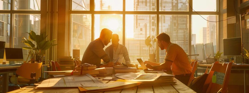 a dynamic scene inside a well-lit construction office showcases diligent dock builders reviewing inspection reports and finalizing project details, with architectural plans and construction materials prominently displayed around them.