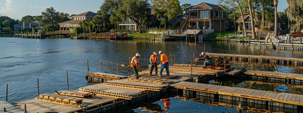 a dynamic scene showcases dedicated dock builders in hard hats skillfully assembling a sleek floating dock against a backdrop of modern waterfront properties, highlighting efficient installation and the seamless adaptability of their work.