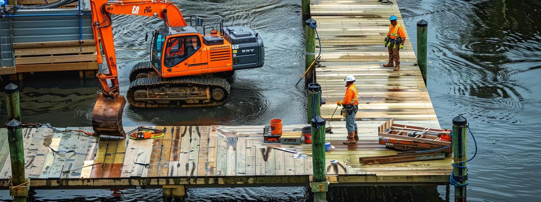 a dynamic scene showcases skilled dock builders in safety gear collaborating on a modern construction site in a bustling florida waterfront, emphasizing their expertise and the intricate process of dock construction.