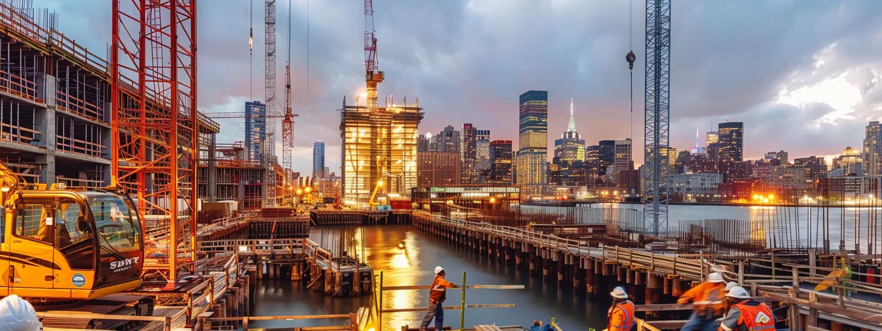 a dynamic urban construction site showcases skilled dock builders in hard hats collaborating on innovative sustainable dock designs, surrounded by modern equipment and structured materials under bright overhead lighting.