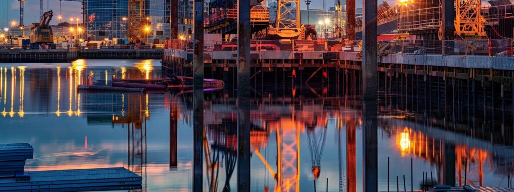 a dynamic urban construction site in florida, showcasing skilled dock builders assembling robust materials for waterfront docks, highlighted by the vibrant hues of early morning light reflecting off industrial tools and equipment.