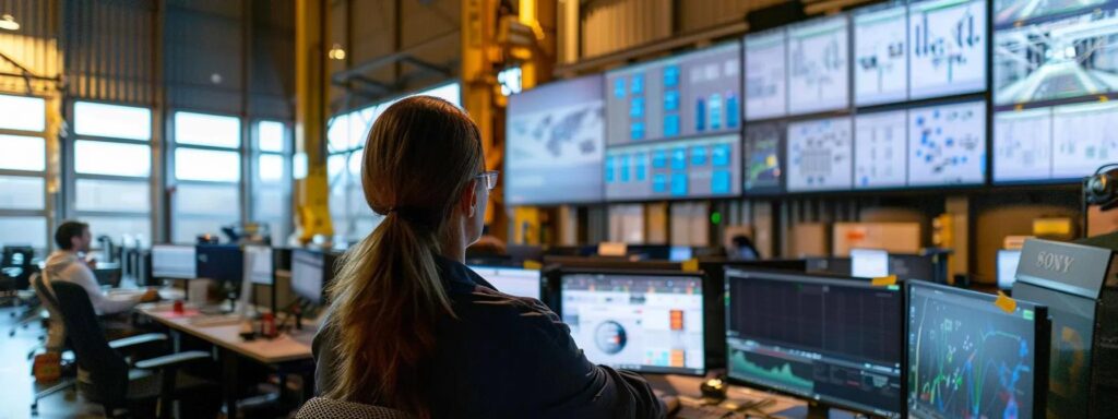 a dynamic urban dock management office scene bustling with professionals analyzing inspection reports on large digital screens, showcasing the importance of regular dock inspections for efficient operations.