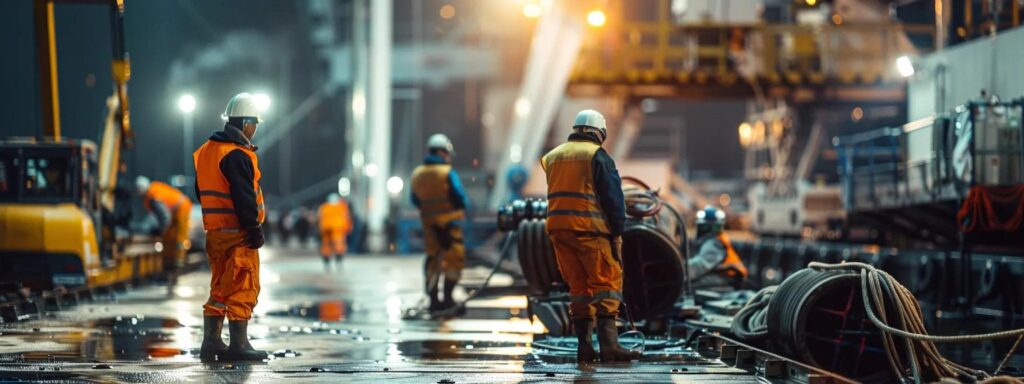 a dynamic urban dock repair scene showcases skilled professionals using advanced equipment and techniques, focused intently on a sturdy, partially renovated docking structure under the bright glow of industrial lighting.