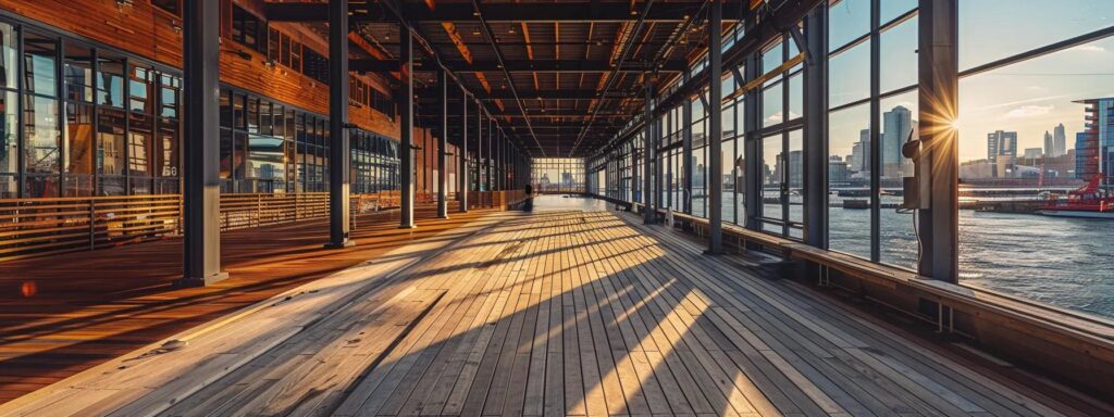 a dynamic urban dockyard showcases expert builders meticulously selecting durable materials for innovative, eco-friendly residential docks under bright overhead lights, emphasizing the intersection of craftsmanship and sustainability.