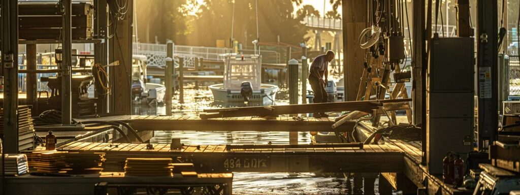 a dynamic view of skilled dock builders in a sunlit florida workshop, methodically inspecting and maintaining dock components, showcasing a blend of tools and materials that emphasize a proactive approach to preventative maintenance.