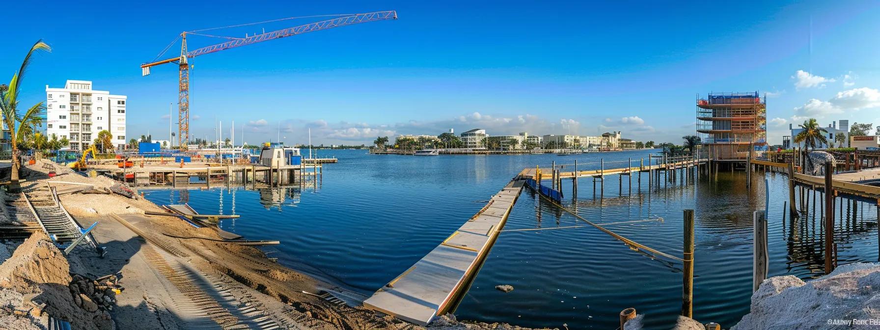 a dynamic waterfront construction site in florida showcases skilled dock builders meticulously engaged in maintaining and enhancing a robust residential dock, surrounded by vibrant water and urban elements, under bright, clear skies.