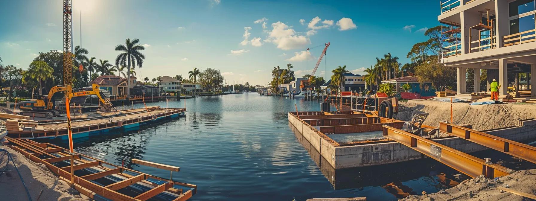 a dynamic waterfront scene featuring hardworking residential dock builders in florida, meticulously constructing a sleek floating dock alongside a rugged stationary dock, with modern construction tools and materials prominently displayed in a clear afternoon light.