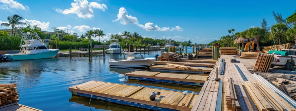 a dynamic workshop setting filled with diligent residential dock builders in florida, showcasing detailed blueprints and various construction materials, emphasizes the key factors influencing a custom dock construction project budget.