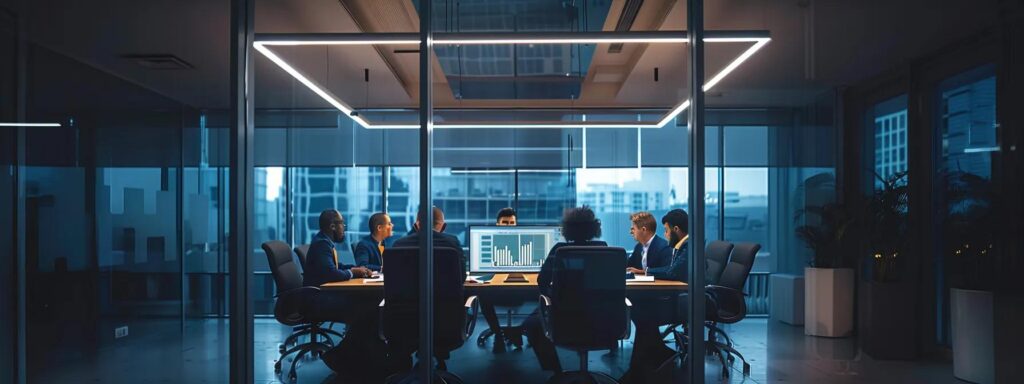 a focused indoor meeting room scene showcases a diverse group of dock builders in florida collaboratively analyzing detailed blueprints and maintenance budgets on a modern conference table, illuminated by bright overhead lights, emphasizing their strategic approach to enhancing dock longevity and investment value.