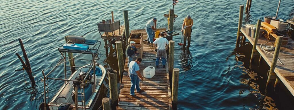 a focused scene captures a team of residential dock builders in florida, meticulously examining water samples and environmental conditions at a bustling dock, with construction tools and equipment visibly positioned, showcasing their dedication to water quality and ecosystem preservation.