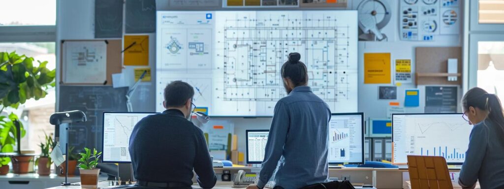 a focused scene of a busy office workspace, showcasing diligent dock builders reviewing detailed blueprints and cost analysis reports for wood and composite dock projects, with a large whiteboard filled with diagrams and calculations in the background.
