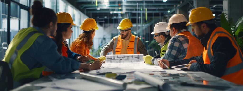 a focused work environment featuring a diverse team of dock builders in safety gear, actively reviewing blueprints and federal regulations at a sleek conference table, with construction materials and tools visible in the foreground.