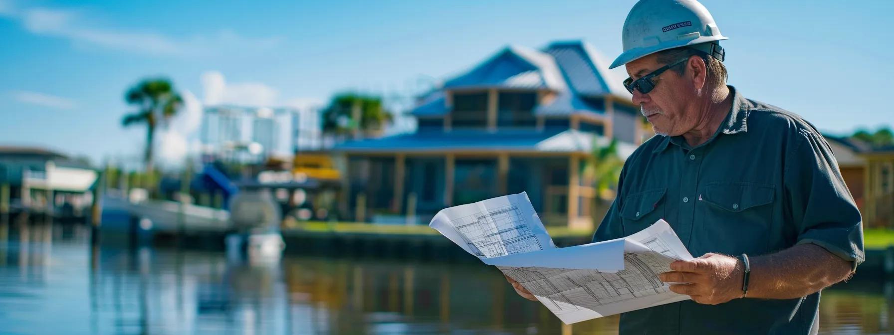 a high-impact image of a skilled dock builder in a florida coastal setting, intently reviewing blueprints against the backdrop of a partially constructed, modern residential dock under clear, sunny skies.