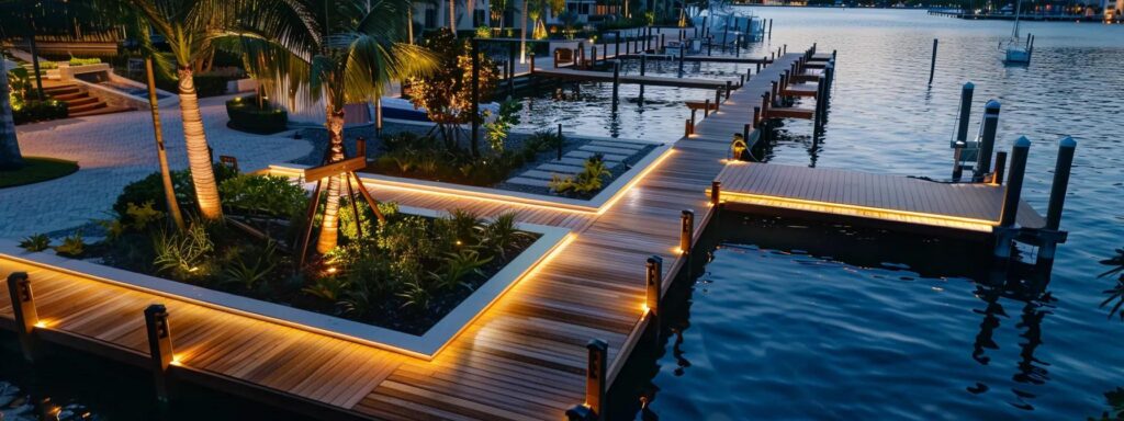 a meticulously designed residential dock layout in florida is showcased, featuring modular sections and innovative technology, set against a vibrant urban waterfront backdrop that emphasizes future adaptability.