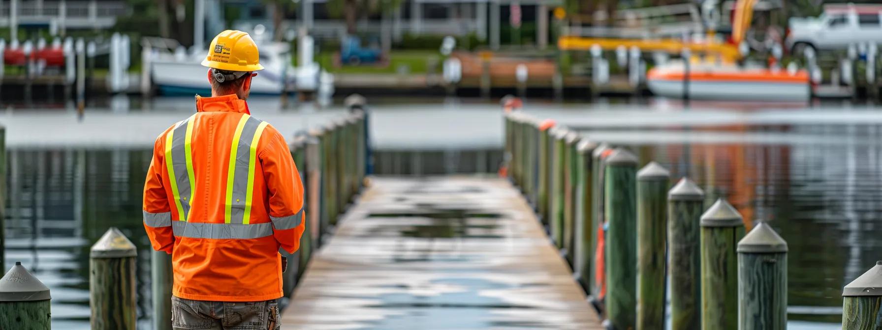 a meticulously organized dock inspection scene features a confident dock builder in safety gear, examining a robustly constructed residential dock against the backdrop of a vibrant florida waterfront, highlighting the stark contrast between proactive maintenance and looming repair costs.