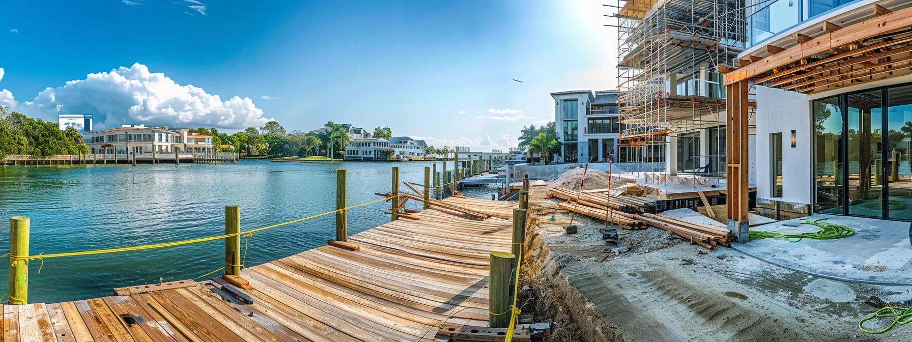 a modern waterfront construction site in florida showcases two contrasting docks: one made of rich, textured wood and the other crafted from sleek composite materials, emphasizing the essential differences in aesthetics and durability amidst the bustling activity of dedicated dock builders.