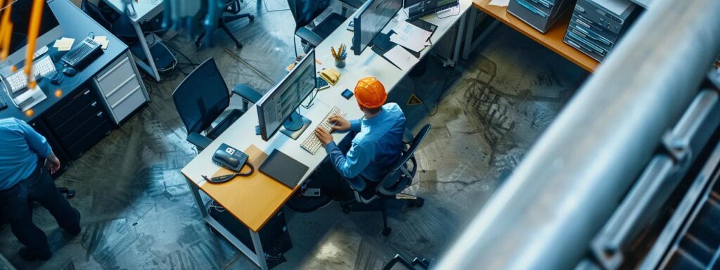 a polished office setting showcases a team of dock maintenance professionals engaged in a digital evaluation, surrounded by high-tech monitoring equipment and safety gear, emphasizing the benefits of regular dock assessments for operational efficiency and safety compliance.