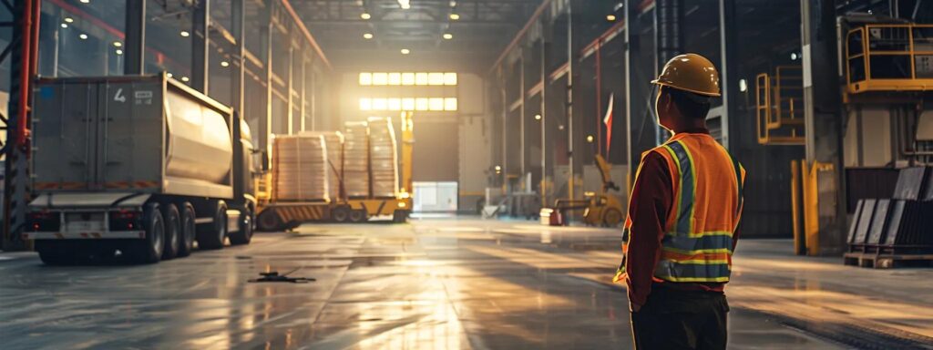 a professional dock building team in a bustling florida warehouse setting meticulously inspects a state-of-the-art dock design, showcasing various safety features and protocols in action under bright, focused industrial lighting.