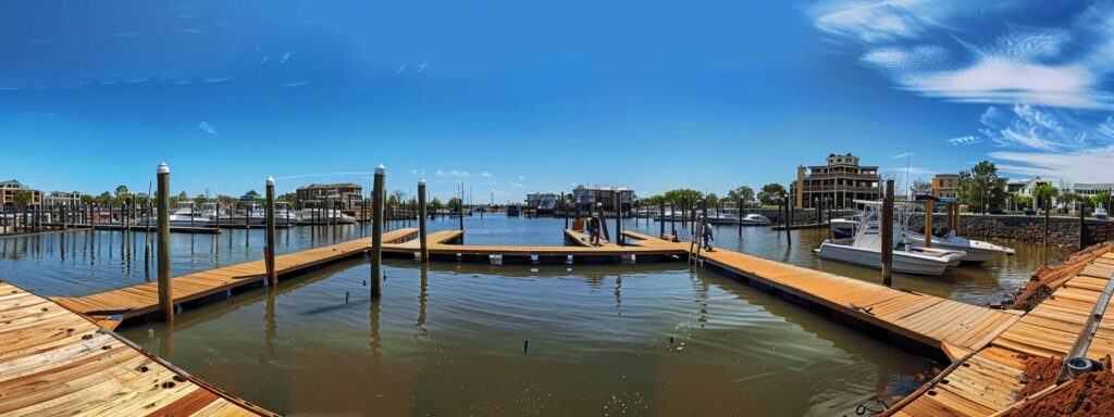 a professional dock construction team operates on a well-structured, partially completed dock in a bustling residential marina, showcasing high-quality materials and precise craftsmanship against a backdrop of clear blue skies.