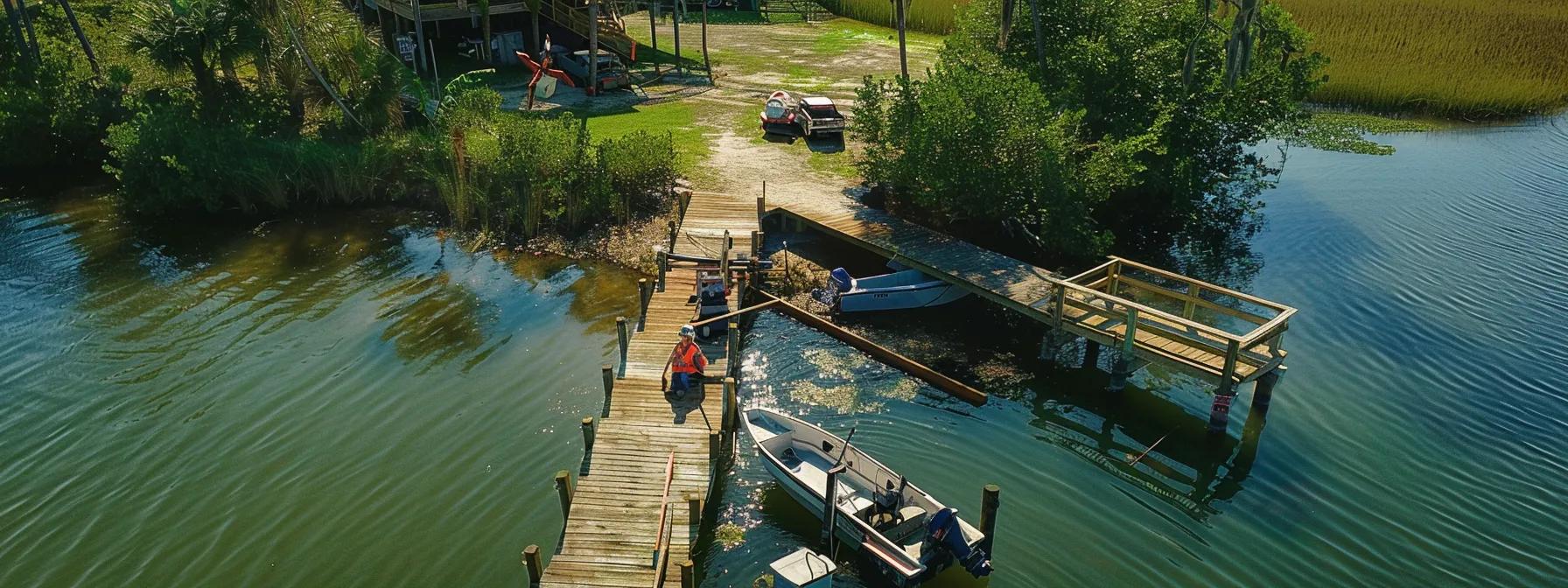 a professional dock construction site in florida, featuring a team of diligent builders assessing a meticulously maintained dock, surrounded by tools and equipment, highlighting the significance of long-term maintenance for future savings.