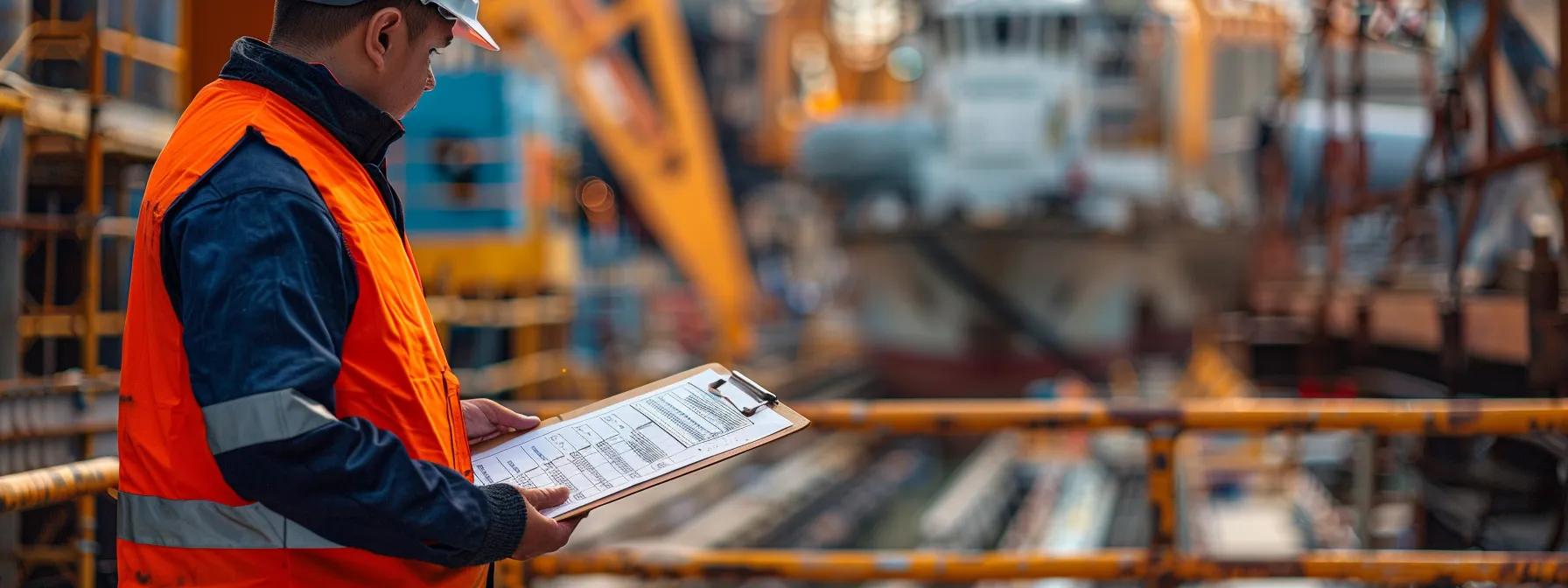 a professional dock inspection checklist is prominently displayed on a sleek clipboard, set against the backdrop of a bustling florida dock construction site, showcasing skilled builders meticulously assessing their work amidst vibrant machinery and dock materials.