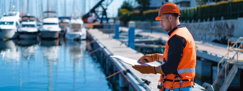 a professional dock inspector, equipped with specialized tools, meticulously examines the structural integrity of a residential dock in a bright, modern marina setting, highlighting the importance of adherence to safety standards and regulatory compliance.