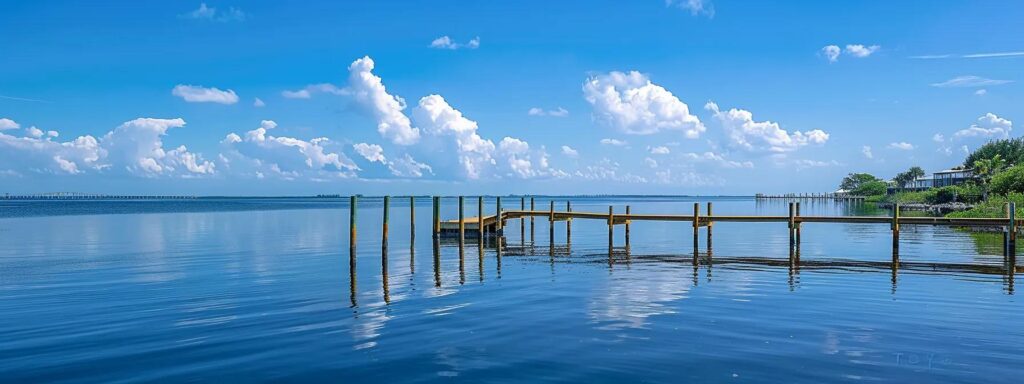 a robust waterfront dock under bright, cloudless skies showcases skilled builders applying maintenance techniques to durable materials, emphasizing their craftsmanship amidst the tranquil waters of a florida residential setting.