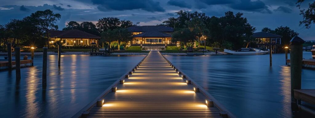 a skilled dock builder in florida meticulously crafts a custom wooden dock against the backdrop of a modern waterfront property, illuminated by warm artificial lighting that highlights the craftsmanship and attention to detail in the construction process.