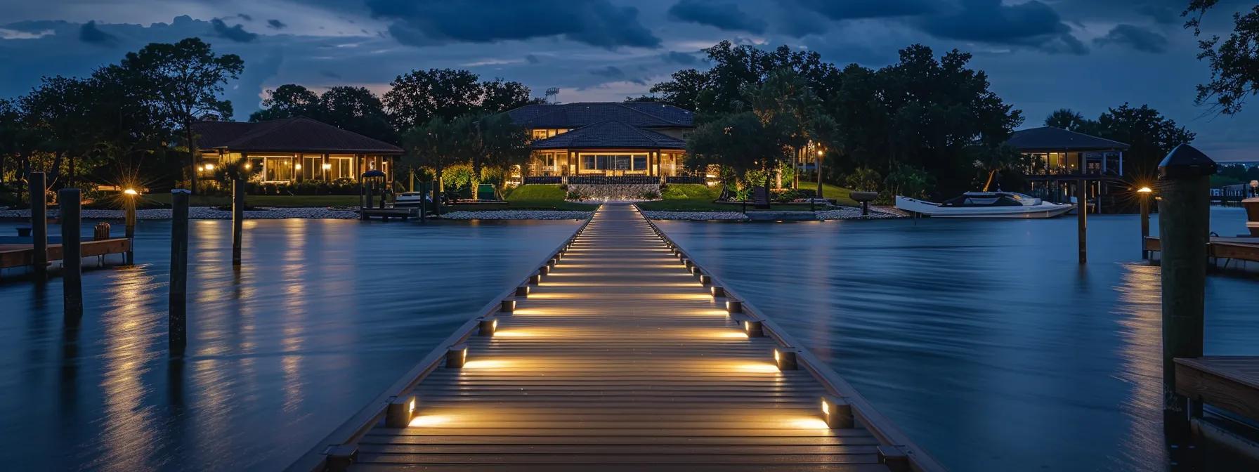 a skilled dock builder in florida meticulously crafts a custom wooden dock against the backdrop of a modern waterfront property, illuminated by warm artificial lighting that highlights the craftsmanship and attention to detail in the construction process.