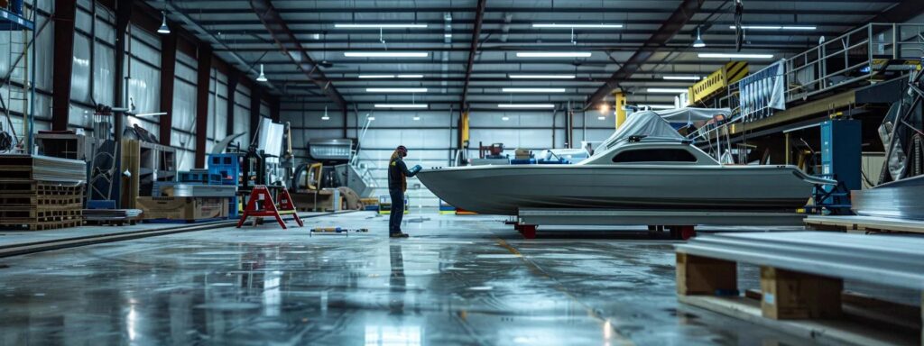 a skilled dock builder in a florida workshop inspects high-quality, corrosion-resistant materials under bright overhead lighting, showcasing a backdrop of tools and partially constructed docking systems that emphasize durability and craftsmanship.