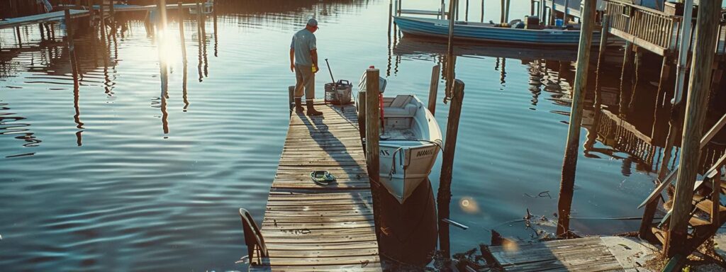 a skilled dock builder inspects a weathered residential dock in a bright florida afternoon, surrounded by tools and maintenance equipment, highlighting the importance of strategic upkeep to combat weather damage.
