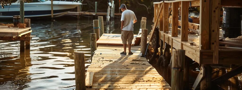a skilled dock builder meticulously assembles a robust wooden dock using premium hardwood in a bustling florida workshop, surrounded by tools and construction materials that highlight the craftsmanship and durability of coastal construction.