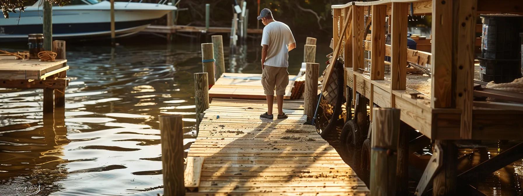 a skilled dock builder meticulously assembles a robust wooden dock using premium hardwood in a bustling florida workshop, surrounded by tools and construction materials that highlight the craftsmanship and durability of coastal construction.