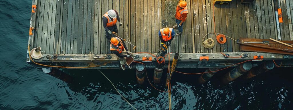 a skilled team of dock repair specialists in safety vests meticulously inspects and repairs a weathered wooden dock under bright overhead work lights, showcasing their advanced tools and techniques in a busy marine environment.