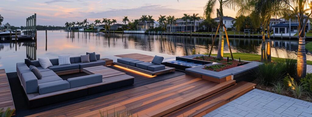 a sleek and modern dock installation showcases various layout options, set against a vibrant florida waterfront with professional builders discussing plans nearby, emphasizing lifestyle and functionality.